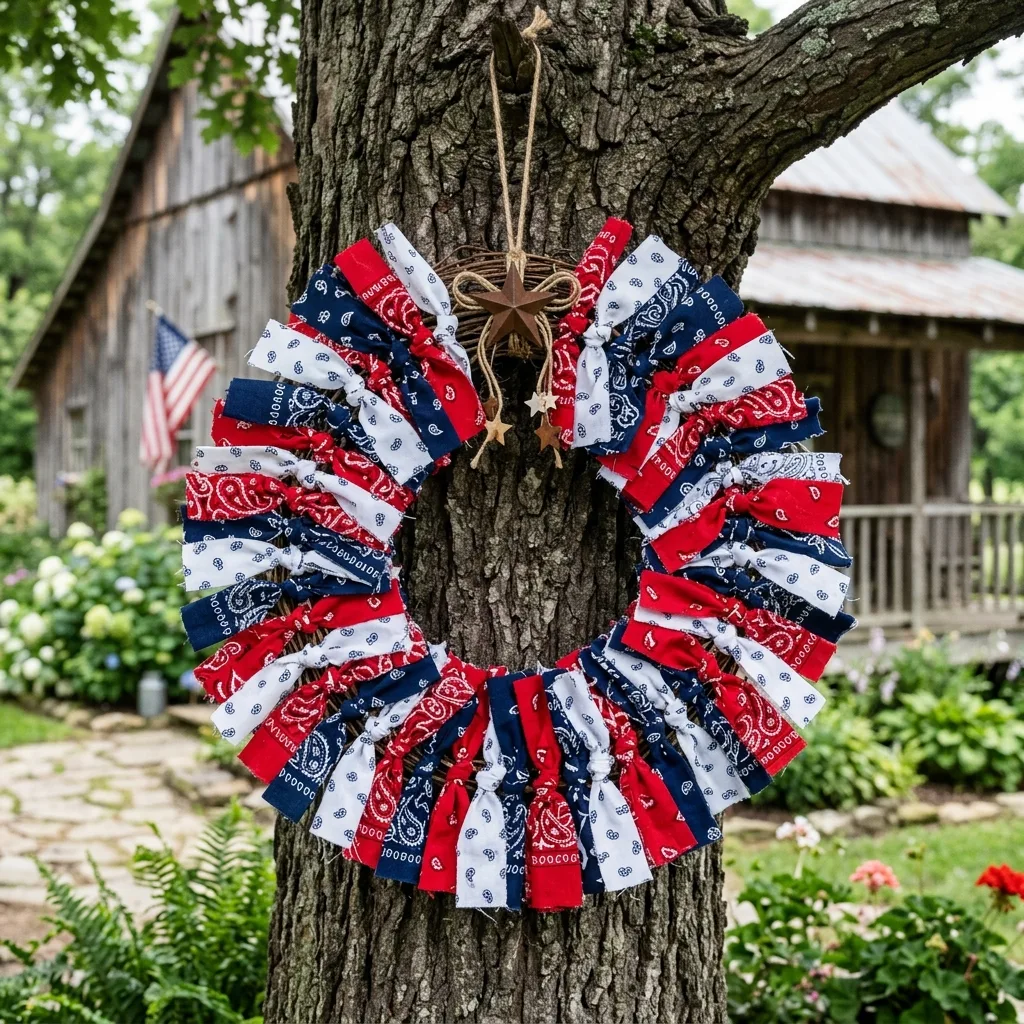 Bandana style patriotic wreath on a front door